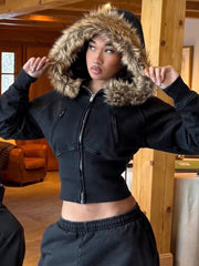 Faux Furry Trim Hooded Fitted Cropped Jacket