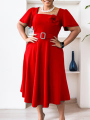 Fashion Square Neck Slim Party Midi Dress