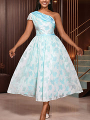 Elegant One Shoulder Jacquard Belted Midi Dress