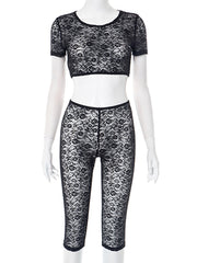 Sexy Lace See Through Crop Top Capri Legging Set