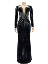 Sexy Rhinestone Long Sleeve Bodycon Maxi Dress