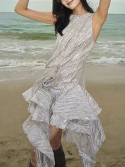 Flower Sleeveless Lotus Leaf Edges Fold Irregular Dress