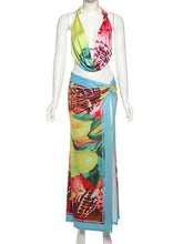 Sexy Print Halter Lace-up High Slit Skirt Two Piece Set