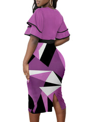 Fashion Round Neck Print Ruffle Sleeve Midi Dress