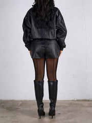 Fashion Zip Faux Woven Leather Jacket Shorts Sets