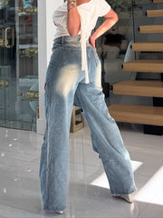 Hollow Out Middle Waist Loose Straight Long Jeans