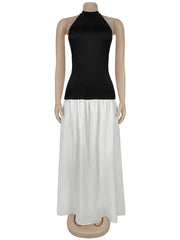 Elegant Halter Contrast Backless Maxi Dress