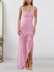 Sexy Spaghetti Strap Rhinestone Mesh Maxi Dress