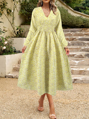 Elegant Floral Print V Neck High Waist Dress