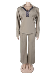 V-Turn down Collar Elastic Slim Pant Casual Set