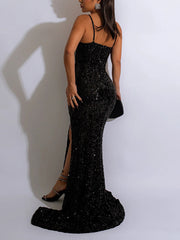 Sexy Patchwork Sequins Slit Spaghetti Strap Dress