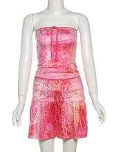 Strapless Print Bow Tube Tops Lace-Up Skirt Sets