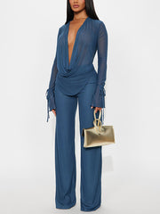 Fashion Cowl Neck Mesh Sheer Top And Pant Sets