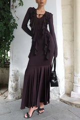 Elegant Lace-up Ruffle Slim Party Club Maxi Dress