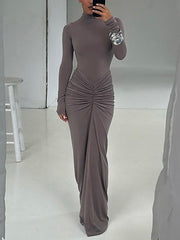 Elegant Long Sleeve Slim Draped Maxi Dress