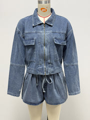 Fashion Zip Denim Bomber Jacket High Waist Shorts Sets