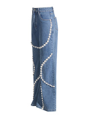 Fashion Mid-Waist Rhinestone Straight Jeans