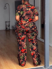 Print Fringe Trim Button Collar Casual Two Piece Set