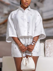 Casual Beading Turndown Collar Shorts Set