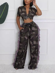 Lace-Up Crop Top Fringed Detail Wide Leg Camo Pants Set