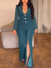 Elegant Shimmering Pearls Blazer Slit Pants Suit