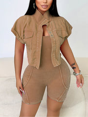 Casual Washed Cropped Jacket Ribbed Romper Set