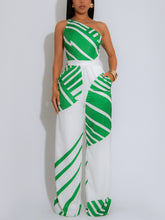 Colorblock Print One Shoulder Casual Jumpsuit