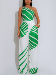 Colorblock Print One Shoulder Casual Jumpsuit