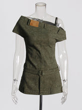 Patchwork One-shoulder Fitted Denim Short Sleeve Dress
