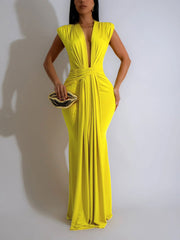 Elegant Deep V Plunge Draped Maxi Dress