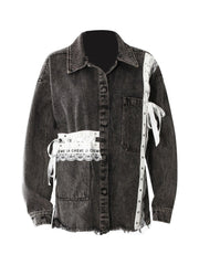 Retro Lace Splicing Washed Loose Denim Shirt Jacket