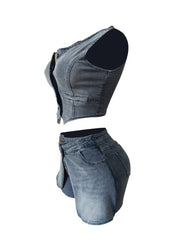Fashion Elastic Denim Vest and Shorts Set