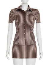 Stripe Lapel Shirt And Skirts Casual Two Piece Set