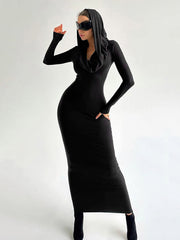 Fashion Swinging Collar Hooded Sleeve Maxi Dress