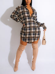 Fashion Lapel Loose Plaid Shirt Dress