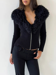 Casual Faux Fur Ribbed Knit Sweater