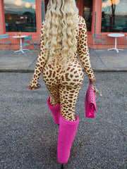 Leopard Print Zipper Hooded Tops Tight Pants Sets