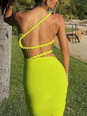 Sexy Sloping Shoulder Twist Knot Backless Maxi Dress