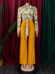 Elegant Print Bandage Top Wide Leg Pants Casual Set