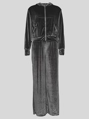 Velvet Zipper Pocket Hooded Pant Casual Sets