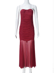 Fashion Ruched Mesh Strapless Maxi Dress