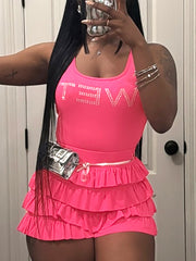 Rhinestone Print Vest And Shorts Casual Set