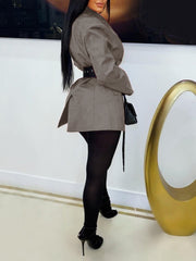 Fashion Notched Collar Patchwork Belt Blazer