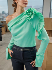 Fashion Ruffle Rosette Applique One Shoulder Shirt