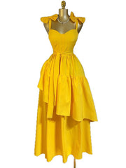Elegant Heart Neck Bow-Strap Tiered Dress