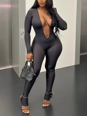 Sexy Plain Deep V Backless Tight Jumpsuit