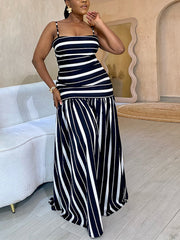 Fashion Spaghetti Strap Stripe Patchwork Maxi Dress
