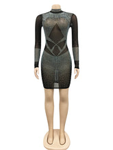 Long Sleeve Mesh Rhinestones Bodycon Nightclub Dress