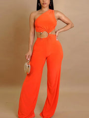 Sexy Oblique Shoulder Ring Stitching Straight Jumpsuit