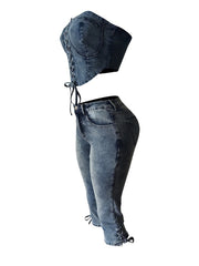 Fashion Lace-up Denim Vest Cropped Jeans Set